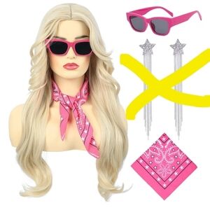 Long Blonde Cosplay Wig for Women with Pink Bandana & Sunglasses  Middle Part